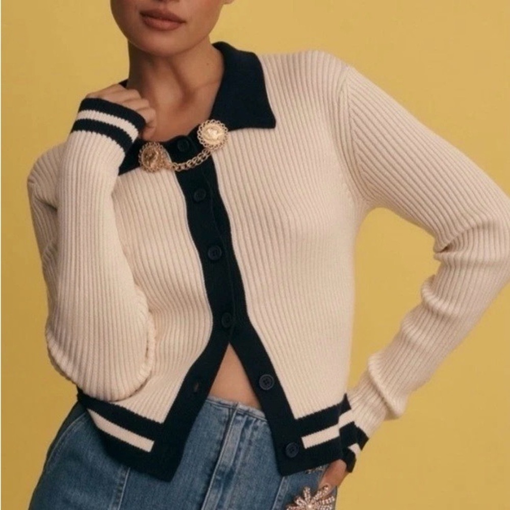 Anthropologie Ribbed Polo Cardigan Sweater Cream Navy Blue Striped Trim L